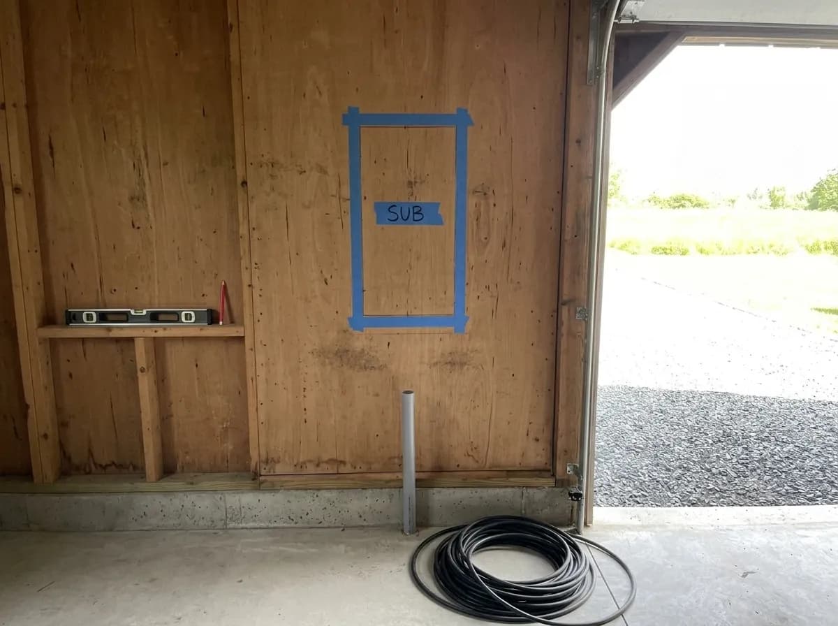 Subpanel location marked on the garage wall